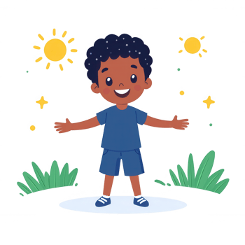 A cheerful young boy standing with arms open wide, smiling brightly. Surrounded by sun and playful elements, representing joy and freedom in a playful environment. png