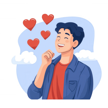 A cheerful young man expresses happiness and affection, surrounded by colorful hearts, in a light and playful illustration with a soft blue background. png