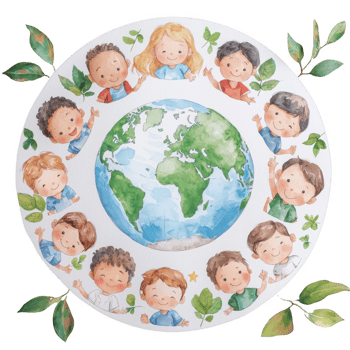 A colorful illustration featuring diverse children surrounding a globe, celebrating unity and environmental awareness with leafy accents, ideal for educational purposes. png