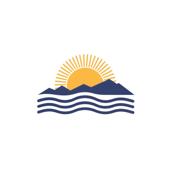 A colorful illustration of a sunrise over mountains with waves in the foreground. Perfect for travel-themed designs. Ideal for backgrounds, posters, or promotional materials. png