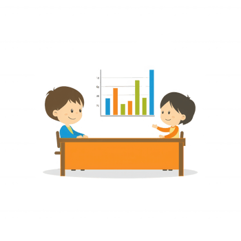 A colorful illustration of two characters discussing data at a table, with a bar graph in the background, representing teamwork and analysis in a friendly atmosphere. png