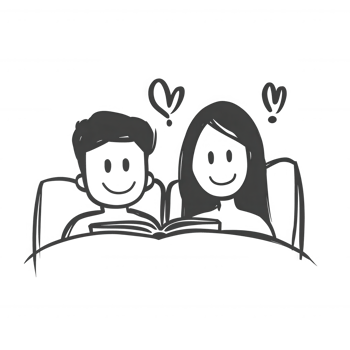 A couple happily reading together in bed, surrounded by cozy blankets and hearts, illustrating a moment of love and companionship. png
