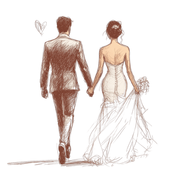 A couple walks hand in hand, radiating love and joy. The bride in a stunning gown holds a bouquet, while the groom in a classic suit represents romance and partnership. png