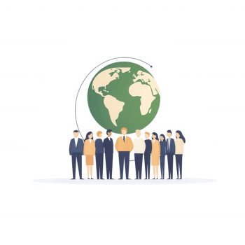 A diverse group of individuals standing together, unified by their connection to the planet. Encircled by a stylized globe, representing global community and collaboration. png