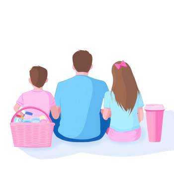 A family enjoying a relaxing day together, seated on the ground with a picnic basket and drink. The scene captures the essence of togetherness and leisure time. png