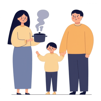 A family enjoying cooking together, with a woman holding a steaming pot and two smiling members by her side, symbolizing togetherness and joy in the home. png