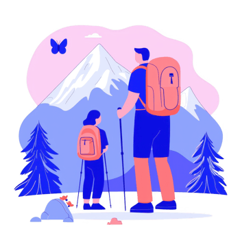 A father and child hike in the mountains, surrounded by tall trees and vibrant scenery, enjoying nature and outdoor activities on a sunny day. png