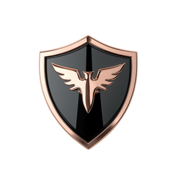 A glossy black shield emblem featuring a stylized eagle design in rose gold, symbolizing strength and protection, perfect for branding or graphic design. png