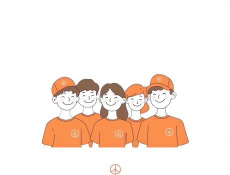 A group of five cheerful individuals wearing matching orange t-shirts and hats, standing together with smiles. Perfect representation of teamwork and camaraderie. png