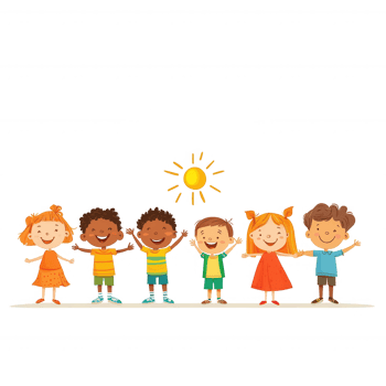 A group of happy children of diverse backgrounds standing together while smiling under a bright sun. They celebrate friendship and joy in a colorful, cheerful illustration. png