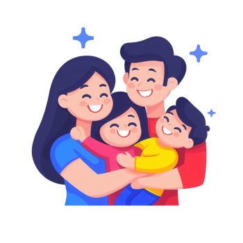 A happy family of four embraces each other, showcasing joy and love. The illustration captures a warm familial bond and is perfect for representing togetherness. png