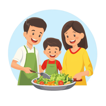 A happy family preparing a fresh salad together, showcasing collaboration and healthy eating habits in a vibrant kitchen setting. png