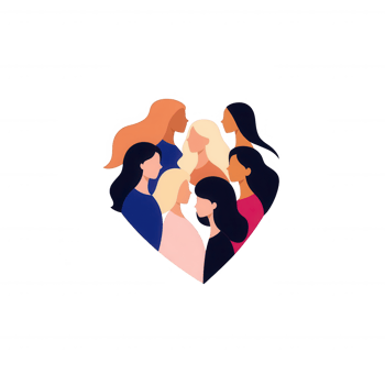 A heart-shaped illustration featuring a diverse group of women symbolizing unity and empowerment. Their varying hairstyles and colors showcase individuality and strength. png