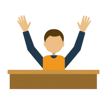 A joyful boy raising his hands in excitement, sitting at a wooden desk, isolated on a white background, conveying happiness and enthusiasm. png