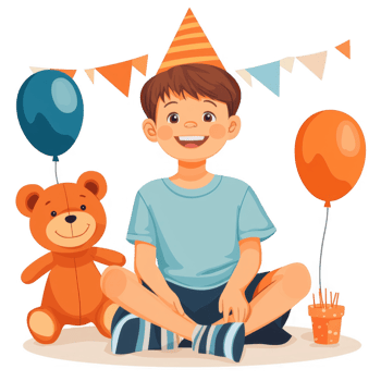 A joyful boy wearing a party hat sits on the floor, surrounded by colorful balloons and a teddy bear, creating a cheerful atmosphere perfect for celebrations. png