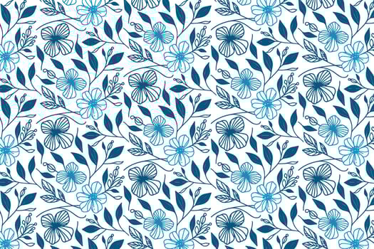 blue flower design with continuous line sketches for modern home textile table linens and wrapping fabric vector