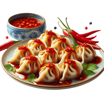 Hot Spicy Dumplings with Chili Garnish png