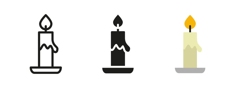 Candle icon. Wax candle with dripping side and flame illustration. Burning source of light on holder. Cozy glow and romantic ambiance symbol for ceremony or home decor. vector