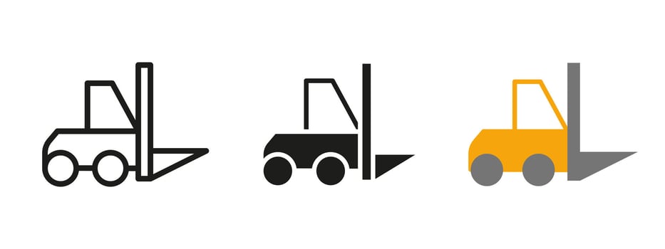 Forklift icon. Industrial vehicle with front lifting mechanism illustration. Utility loader for warehouse and cargo transport. Machinery symbol for construction and logistics operations. vector