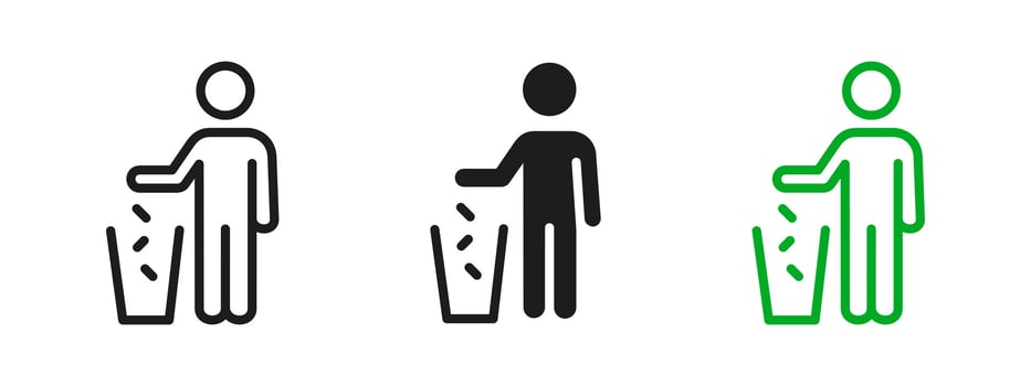 Recycle icon. Person throwing trash into a bin illustration. Waste disposal and litter reduction symbol. Environmental pictogram promoting sustainability, cleanliness and eco-friendly behavior. vector