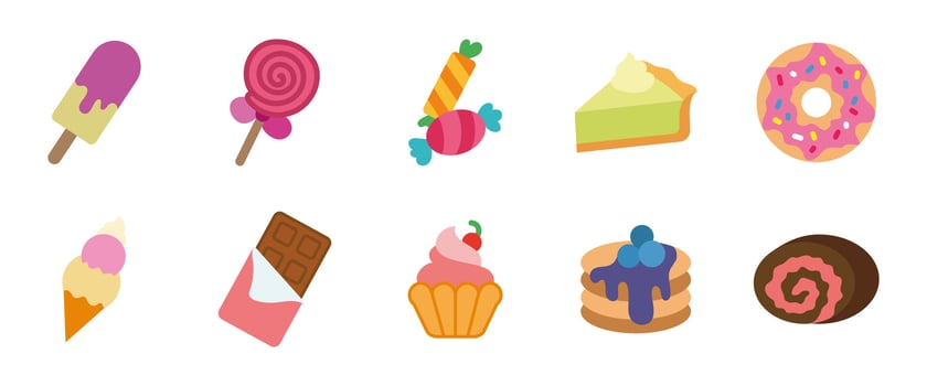 Dessert icon set. Colorful sweet treats and sugary snacks illustration. Candy, cupcake, donut and chocolate pictograms. Cartoon sweets collection symbol for food menu, confectionery or culinary vector