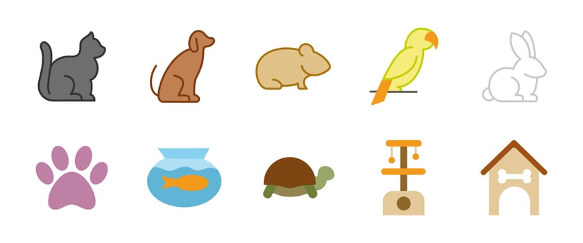 Pet icon set. Colorful domestic animal symbols including cat, dog, parrot, rabbit, fish, turtle and hamster. Cartoon illustration of pet accessories and care elements like paw, fishbowl and house. vector