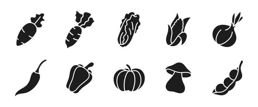Vegetable black icon set. Glyph organic vegetables illustration including carrot, pepper, onion, corn, mushroom and pumpkin. Natural and healthy nutrition symbols and silhouettes. vector