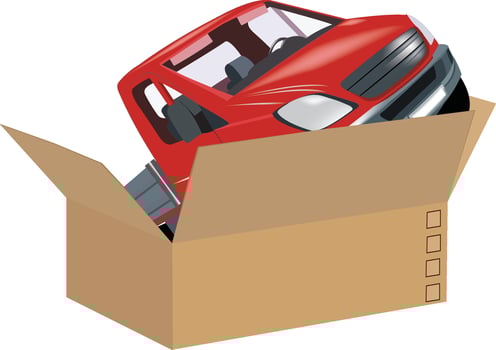 A red truck is sitting in a cardboard box vector