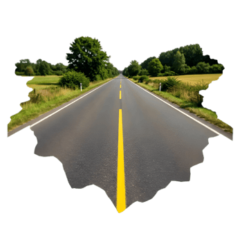 Asphalt road on a bright green hill with trees during daylight png
