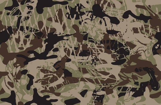 Grunge stroke camouflage, fashion design. Camo dry brush military pattern. Army uniform, fashionable fabric print. Seamless khaki green texture vector
