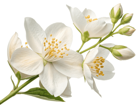 Jasmine flower blooms gracefully with delicate petals and vibrant yellow stamens, creating serene and enchanting atmosphere png