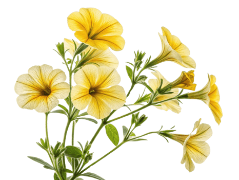 Bright and cheerful petunia flowers bloom in vibrant yellow hues, showcasing their delicate petals and lush green leaves png