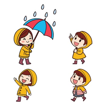 Kid kawaii Cartoon Character Set Playing in the Rain, Four Different poses of cute Kid Enjoying Rainy Day Outdoor illustration vector