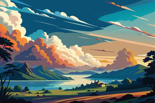 Colorful digital painting of a serene mountain lake landscape at sunrise. vector