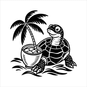 sea turtle enjoying a coconut drink vector