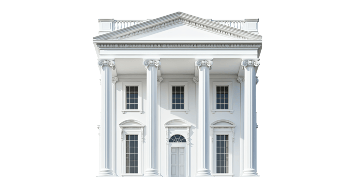 White classical building with columns isolated on transparent background png