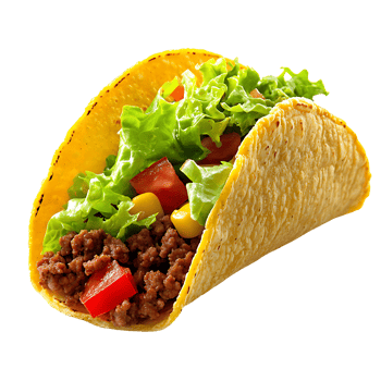 Crispy taco shell with fresh lettuce, tomato, and ground beef, isolated on transparent background png