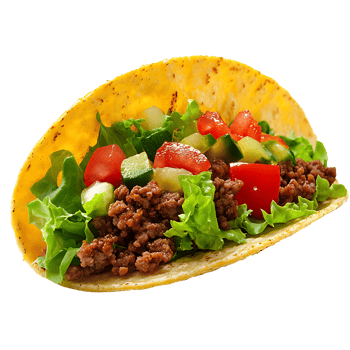 Mexican taco with toppings of lettuce, tomato, and ground beef, isolated on transparent background png