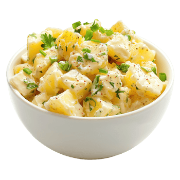 Potato salad with vinaigrette in ceramic bowl, side view Isolated on transparent Background png