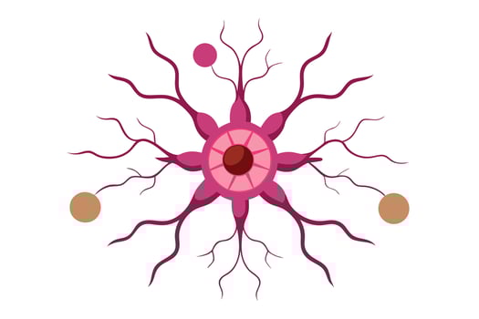 Pink Neuron with Branches and Spheres on White Backdrop, Scientific Depiction vector