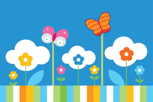 Decorative Flat Floral Design with Butterflies on Blue Background. Style vector