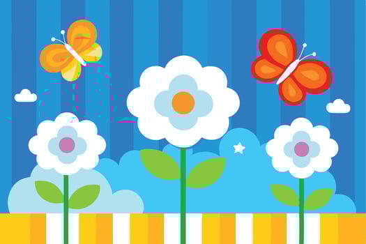 Cheerful Cartoon Nature with Flowers, Butterflies, and Clouds on Blue Sky vector