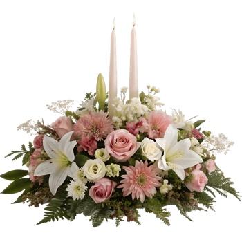 Elegant Floral Centerpiece with Two Lit Taper Candles on Transparent Backgroundace. png