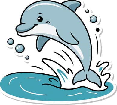 Cartoon Sticker Illustration of a Cute Dolphin Jumping Out of Blue Water with Bubbles vector