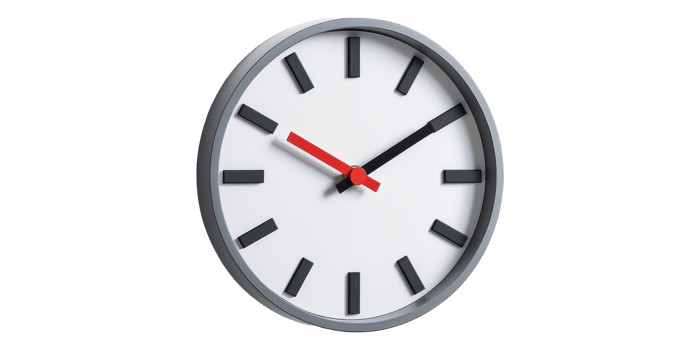 Round wall clock with black and red hands isolated on transparent background png