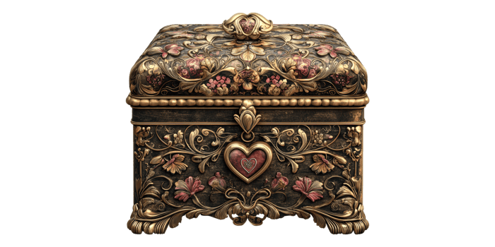 Ornate jewelry box with heart motif isolated on transparent background png