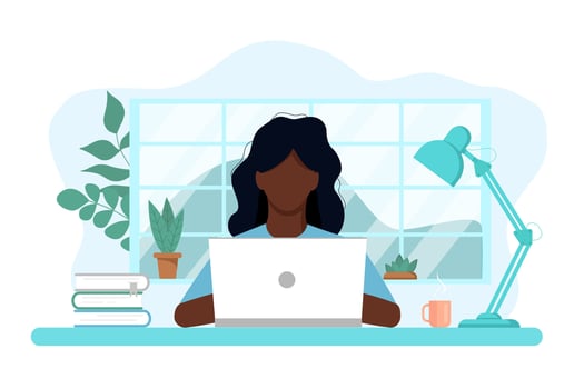 concept of work and study at home, chat online support remotely from home. Isolated white background. Young girl at a computer with flowers, books and a lamp. Illustration, flat style. vector