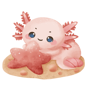 a watercolor illustration axolotl starfish Cute kawaii pink little axolotl nice cartoon animal character. Hand drawn style. Perfect for nature-themed designs and educational materials. png