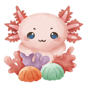 a watercolor illustration axolotl with corals smirking Cute kawaii pink little axolotl nice cartoon animal character. Hand drawn style. Perfect for nature-themed designs and educational materials. png