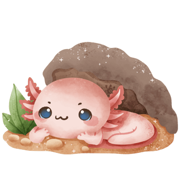 a watercolor illustration of axolotl hiding under a rock Cute kawaii pink little axolotl nice cartoon animal character. Hand drawn style. Perfect for nature-themed designs and educational materials. png
